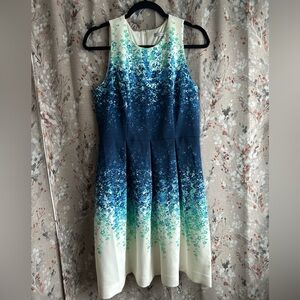 Blue Floral Ombré Pattern Fit-Flare Dress